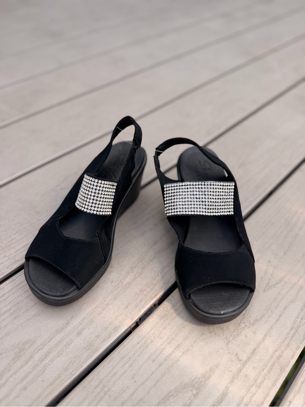Skechers Black Slingback Wedge Sandals with Crystal Band
